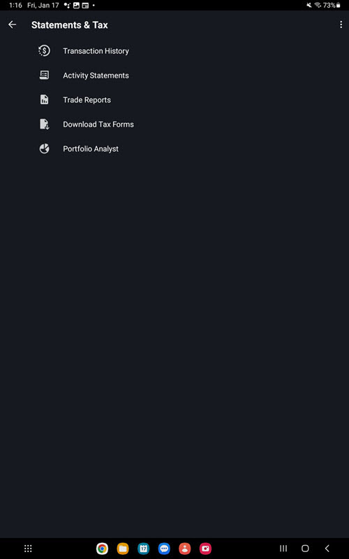 The statements & tax menu on the Android Tablet